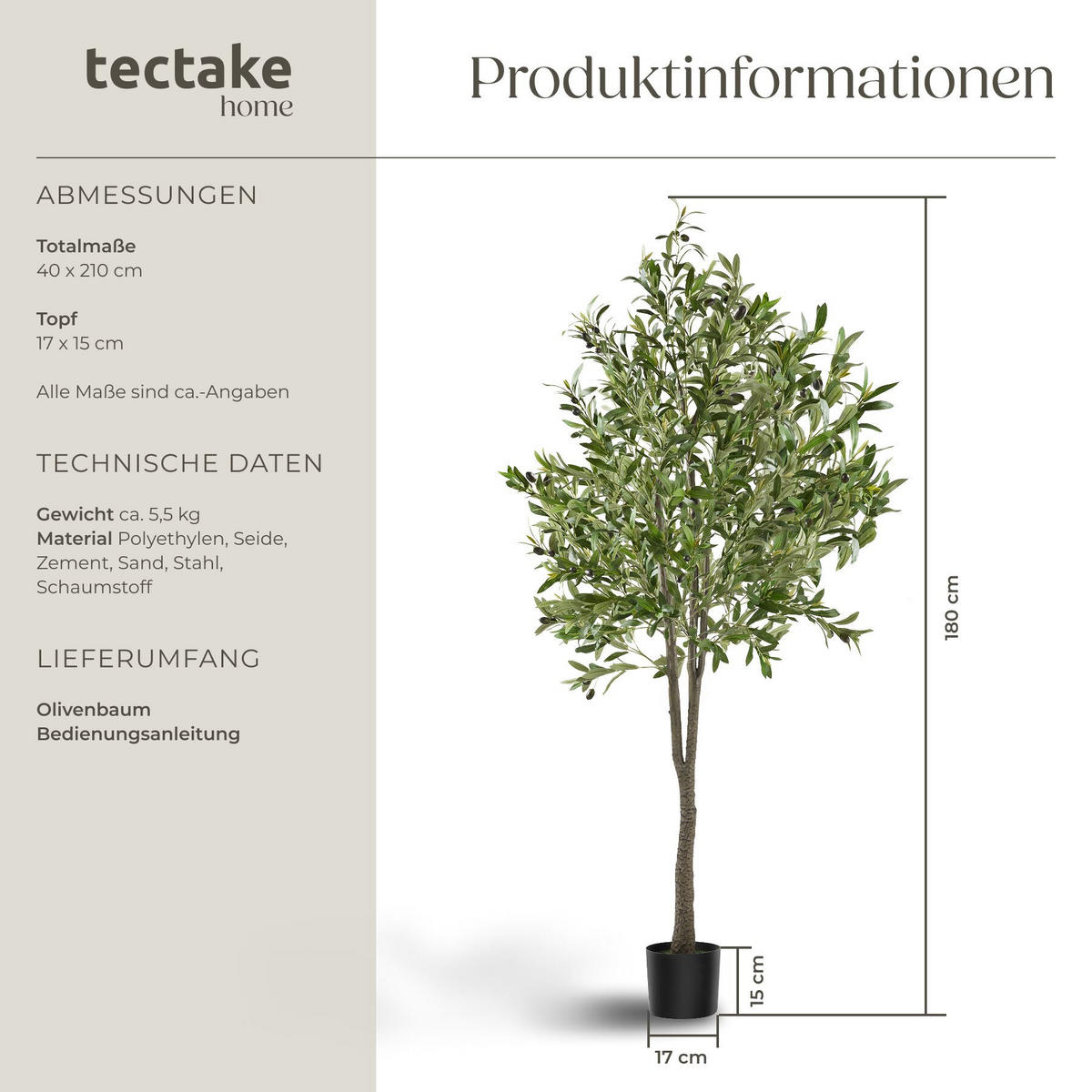 KÜNSTLICHER OLIVENBAUM Oleand, stabiler Kunststoff Blumentopf, grün - Grün, Kunststoff (180cm) - tectake