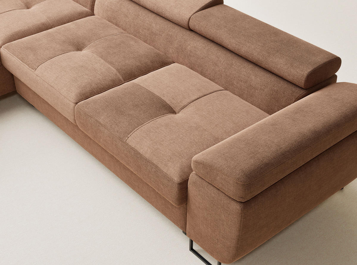 ECKSOFA Concord Hellbraun Chenille-Stoff - Links Seite - Hellbraun/Schwarz, Holz/Holzwerkstoff (203/277cm) - Maison de Reve