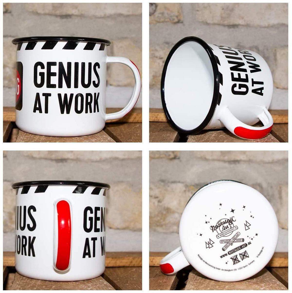 EMAILLE-BECHER 360 ml Achtung Genius At Work - Rot/Schwarz, Metall (0.36L) - Nostalgic-Art