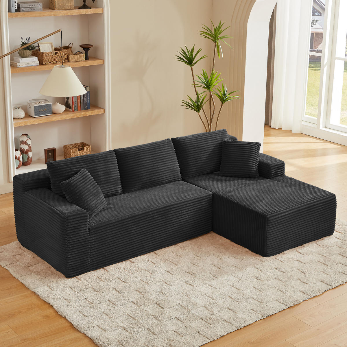 ECKSOFA DE-34926 L-Form mit Chaise rechts Schwarz - Schwarz, Textil (163/252.5cm) - ComfortXL