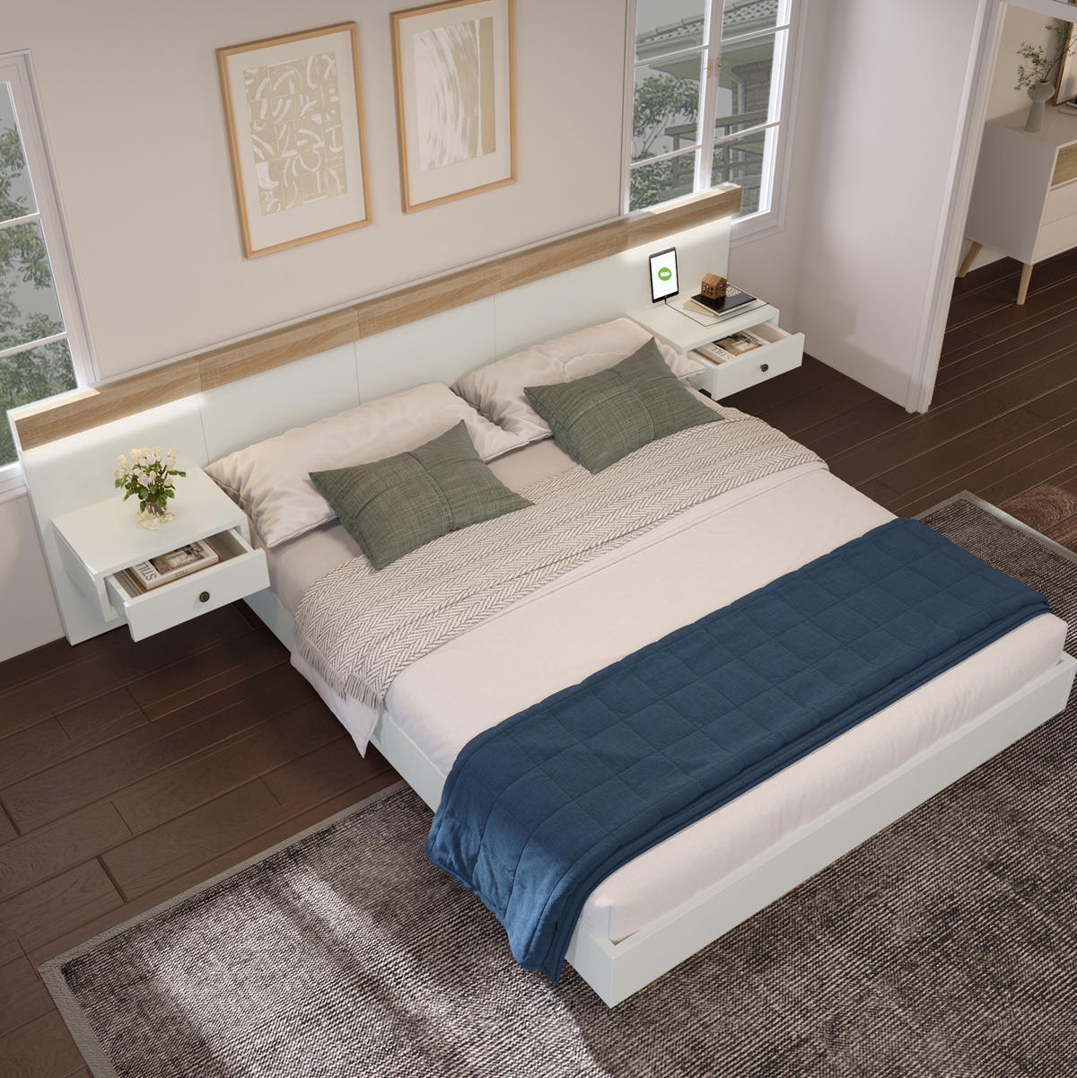 DOPPELBETT 180/200 cm mit 2 LED-Nachtkommoden, USB/Typ-C und EU-Steckdose, bett in Schwebeoptik, Weiß/Sonoma-Eiche - Weiß, Holzwerkstoff (180/200cm) - Redom