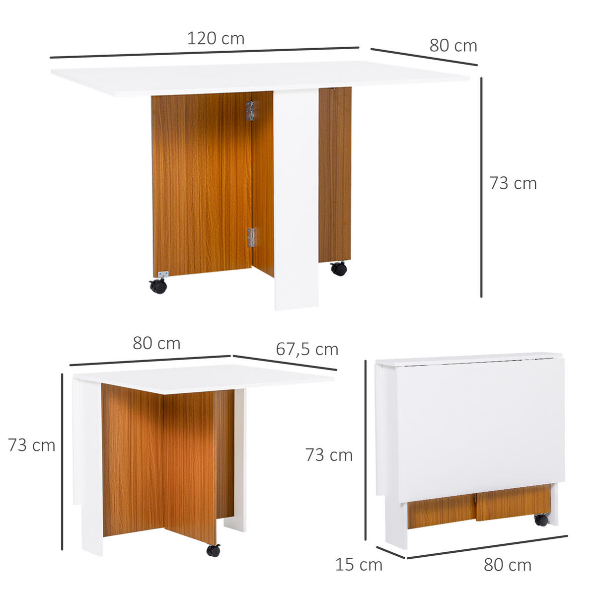 KLAPPTISCH, Spanplatte, Weiß/Teak, 120L x 80B x 73H cm - Weiß, Holzwerkstoff (80/73/120cm) - HOMCOM