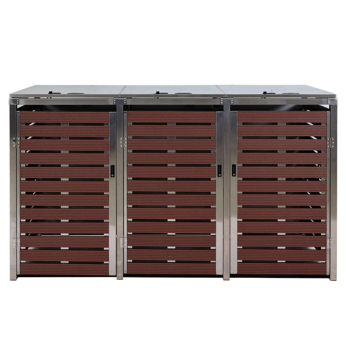 MÜLLTONNENBOX 3er HxBxT 120x200x85cm Walnuss-Holzoptik WPC Edelstahl 104kg - Braun, Metall (200/120/85cm) - PROREGAL