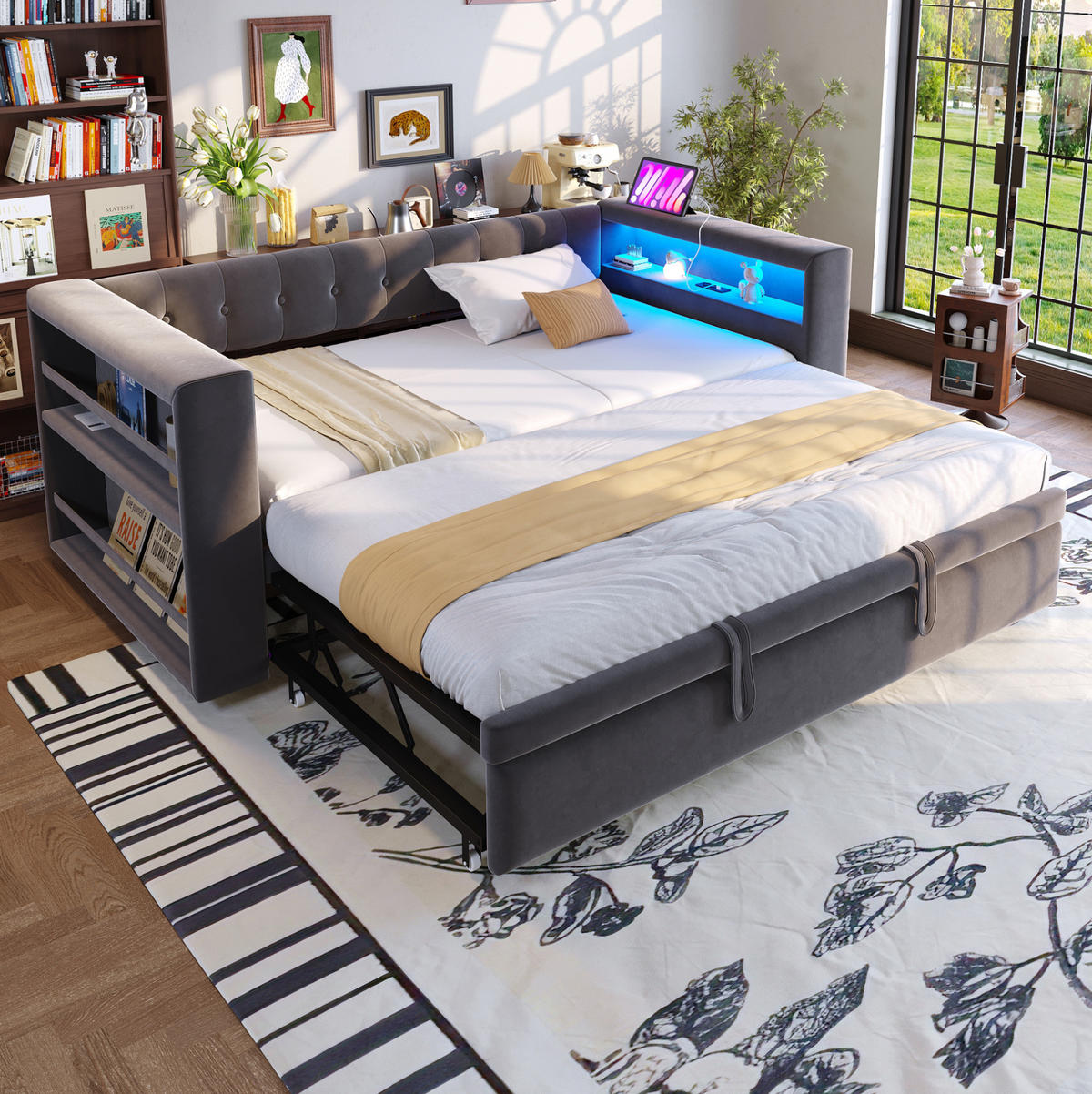 POLSTERBETT 90/180/190 cm aus Flannelette mit LED und Steckdose, Dunkelgrau - Dunkelgrau, Textil (90/190cm) - OKMYHOME
