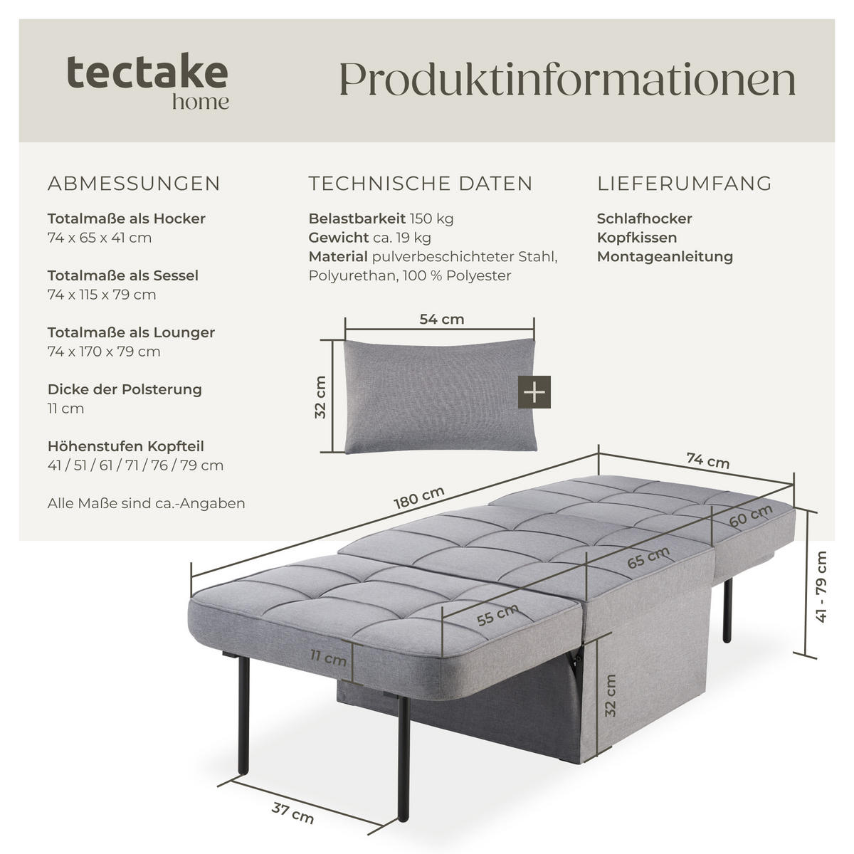 SCHLAFHOCKER Ponto,Belastbarkeit 150 kg ,grau - Grau, Textil (74/79/170cm) - tectake