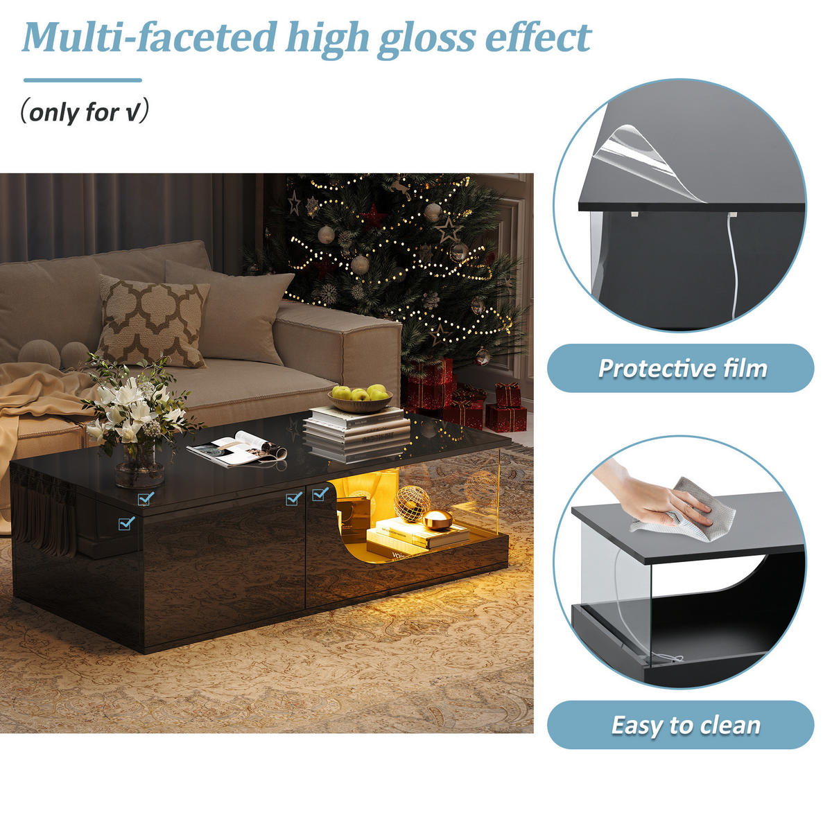 COUCHTISCH 100/50/30 cm Schwarz aus MDF und Glas mit LED und 2 Schubladen - Schwarz, Holzwerkstoff (100/50/30cm) - OKMYHOME