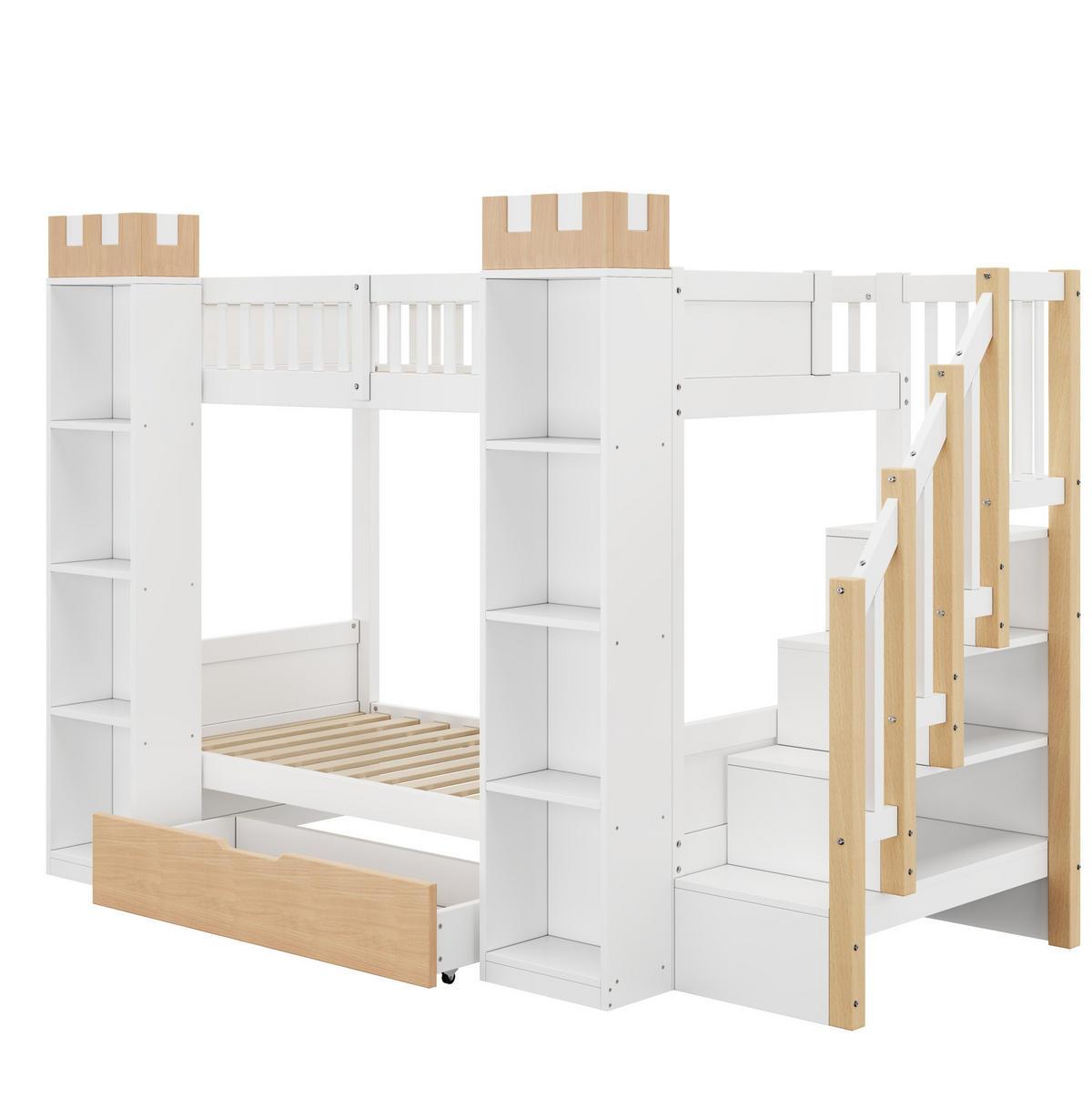 ETAGENBETT aus Kiefernholz 90x200 cm Weiß mit Stauraumtreppe und Schubladen - Weiß, Holz (90/200cm) - Modfu
