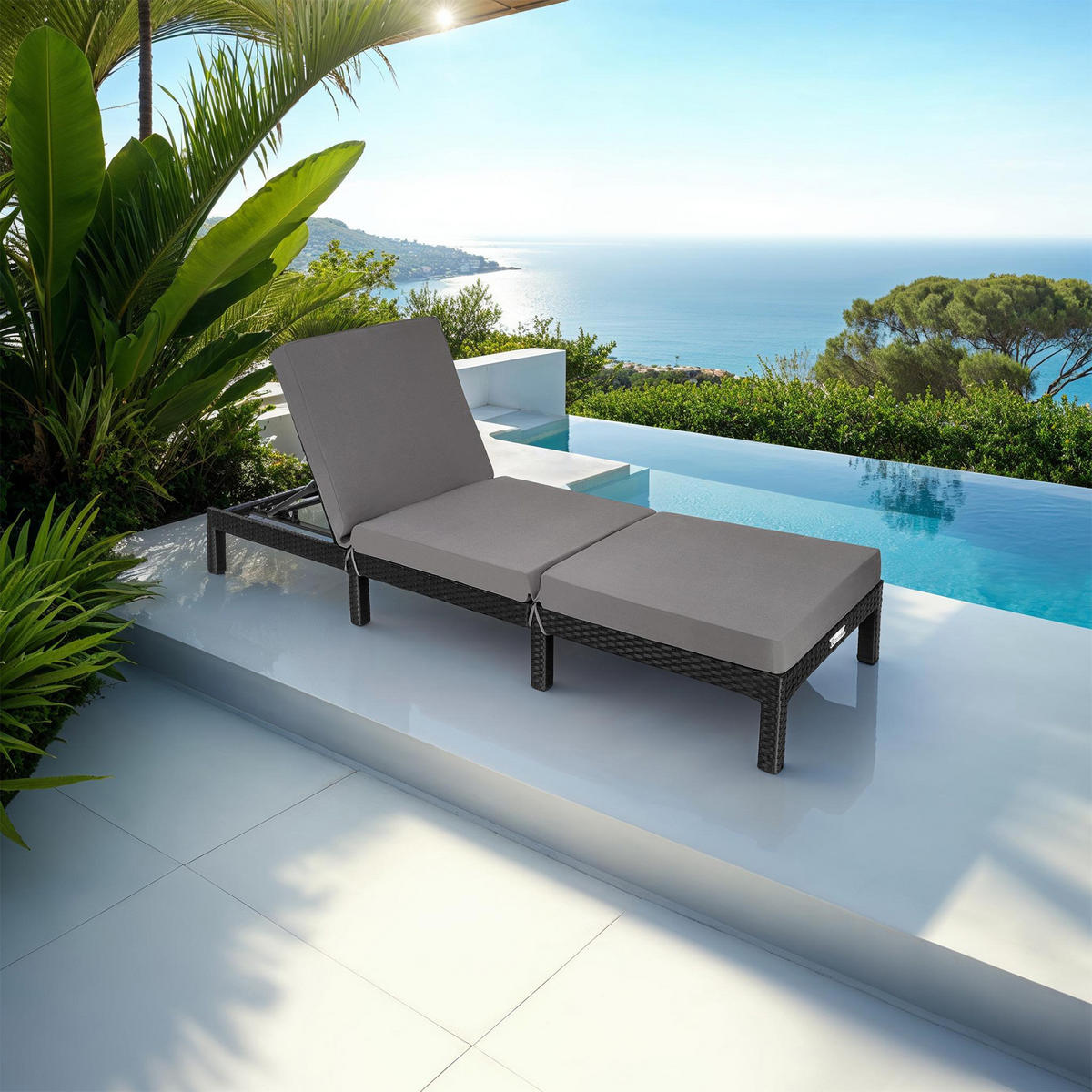 RATTAN-SONNENLIEGE Sofia, 196 x 66 x 27 cm, schwarz - Schwarz, Kunststoff (66/27/196cm) - tectake