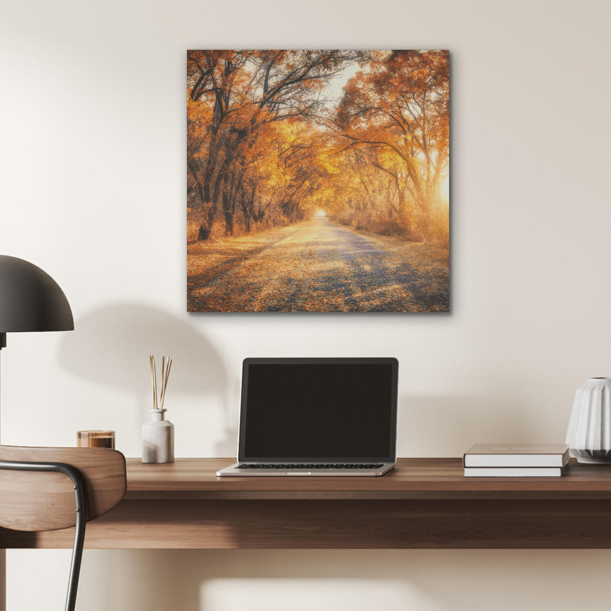 AKUSTIKBILD Wald - Herbst - Bäume - Waldweg - Natur Wandbilder 60x60 cm - Bernsteinfarben, Kunststoff (60/60/0.9cm) - MuchoWow