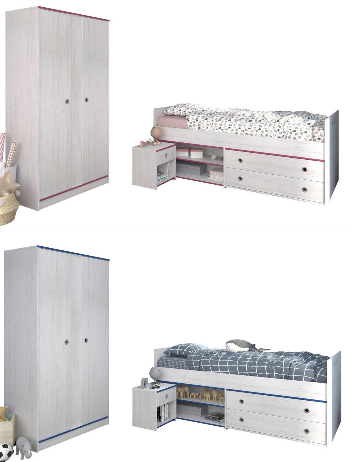 KINDERZIMMER Set mit Bett 90x200 Nachttisch und Kleiderschrank - Weiß/Kieferfarben, Holz/Holzwerkstoff (203/182/95cm) - Parisot Meuble