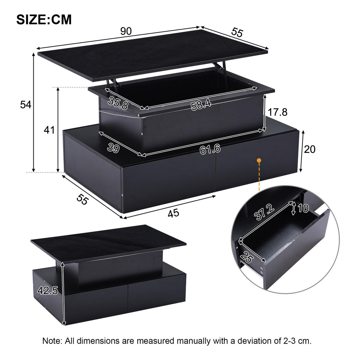 KONFERENČNÍ stolek 90/55/41 cm černý z dřevotřísky s LED osvětlením a výsuvnou deskou - černá, kompozitní dřevo (90/55/41cm) - OKWISH
