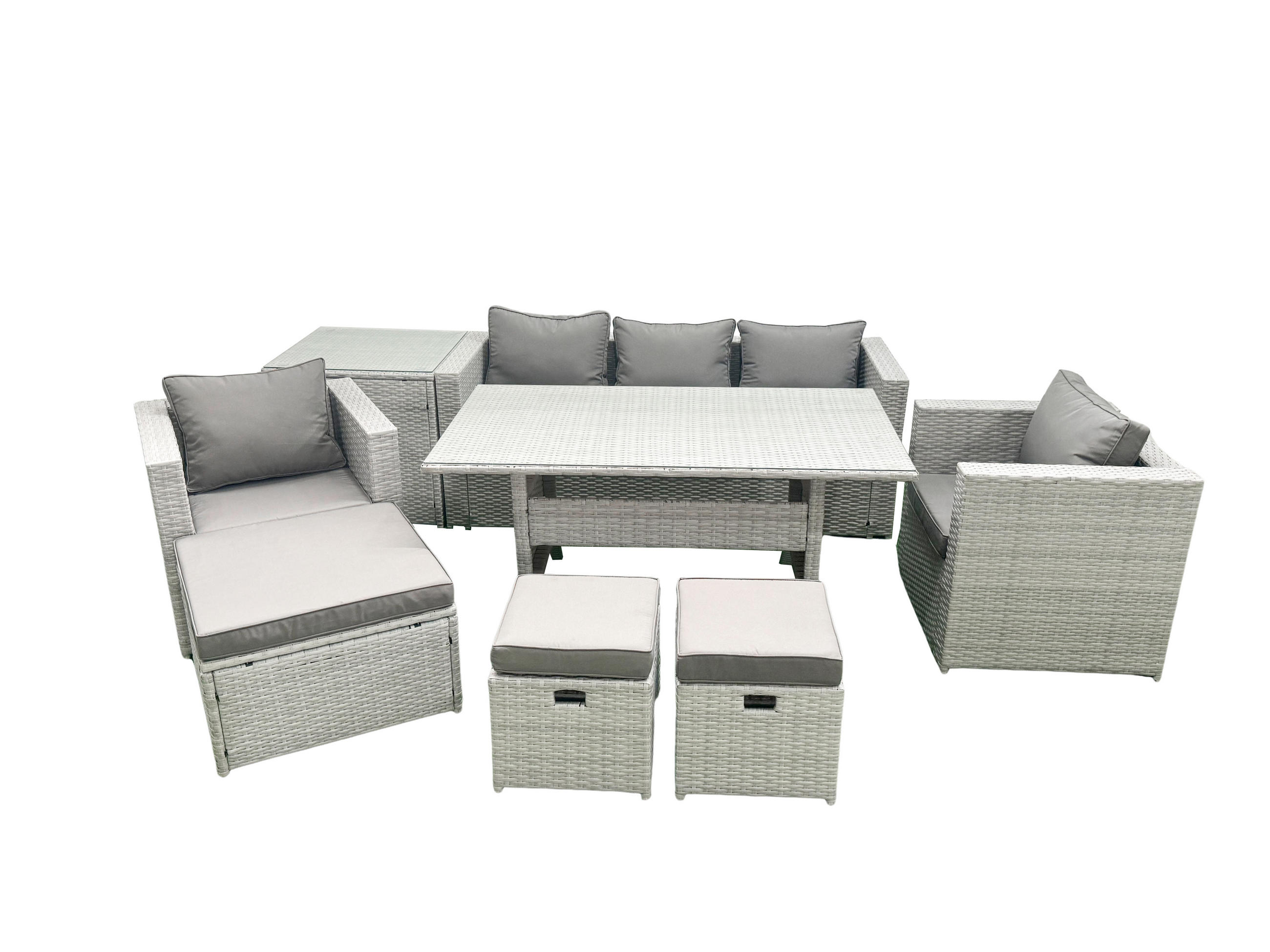 GARTENMÖBEL SET mit Sofa,3 Hockern,Beistelltisch Polyrattan Hellgrau 8-Sitzer - Hellgrau/Grau, Glas/Kunststoff - Fimous