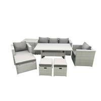 GARTENMÖBEL SET mit Sofa,3 Hockern,Beistelltisch Polyrattan Hellgrau 8-Sitzer - Hellgrau/Grau, Glas/Kunststoff - Fimous