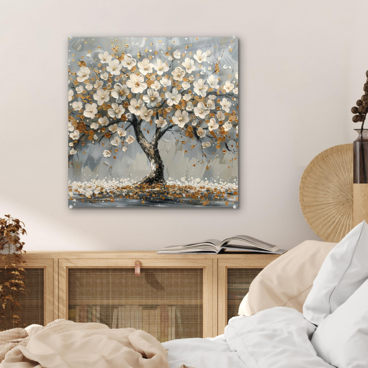 ACRYLGLASBILD Baum - Blumen - Weiß - Natur - Kunst 50x50 cm - Weiß, Glas (50/50cm) - MuchoWow