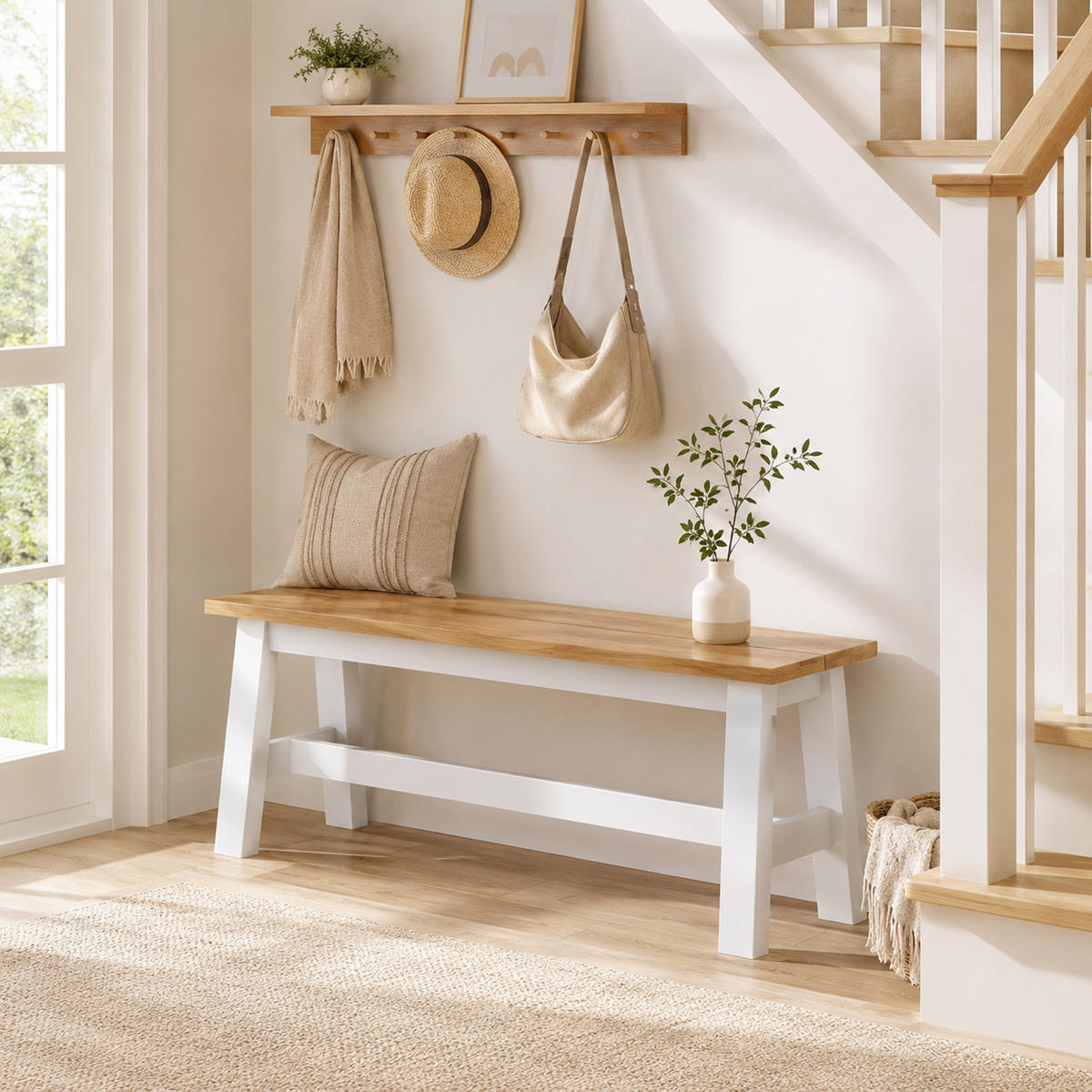 SITZBANK für Esszimmertisch Küchenbank Modern Holzbank Essbank für Eingang Eiche - Eichefarben/Weiß, Holz (30/45/95cm) - HOMCOM