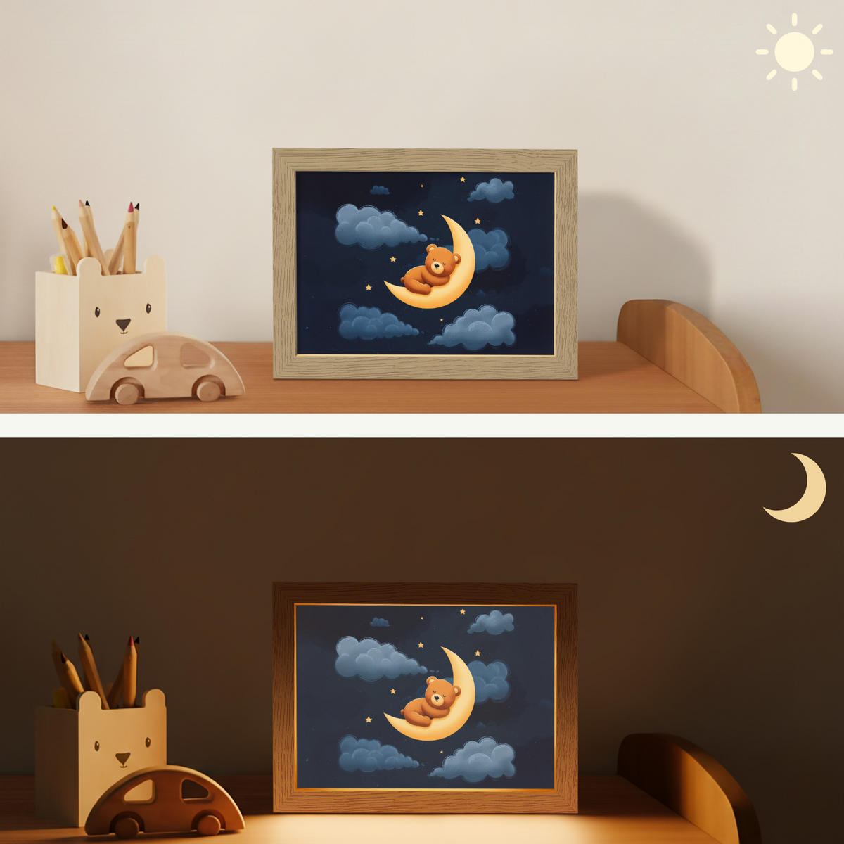 NACHTTISCHLAMPE Teddybär - Mond - Wolken - Sterne 20x15 cm - Dunkelblau, Holzwerkstoff (8/20/15cm)