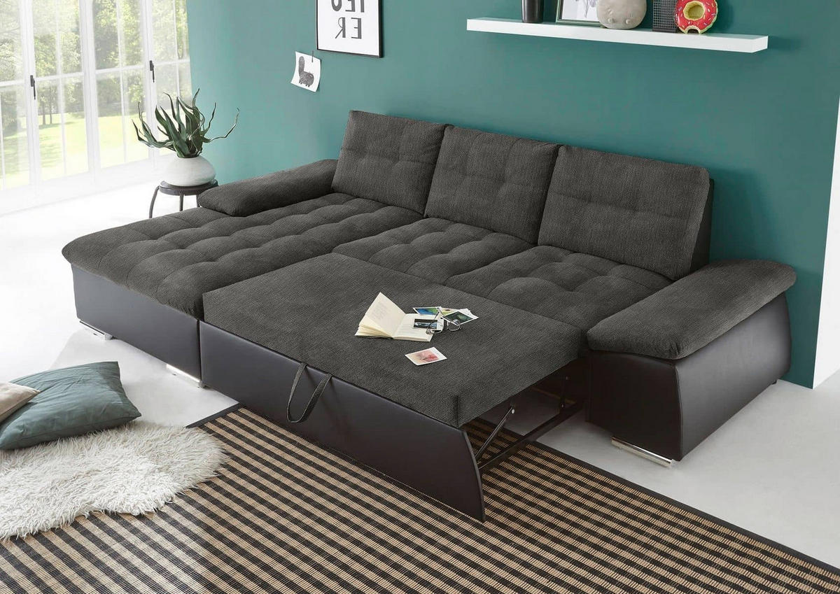 ECKSOFA mit Schlaffunktion und verstellbaren Armlehnen - Chromfarben/Zinkfarben, Kunststoff/Textil (268/170cm) - ed exciting design