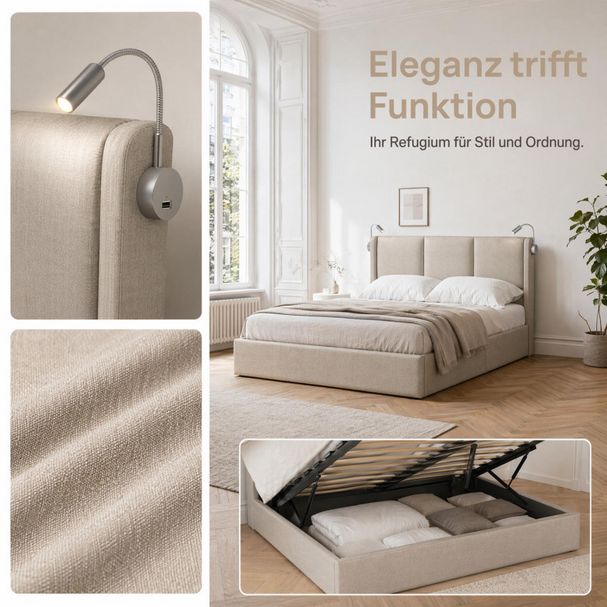 POLSTERBETT 160x200 cm Beige Leinen LED Gaslift Bettkasten - Beige, Holz (160/200cm) - SHOPENTRA