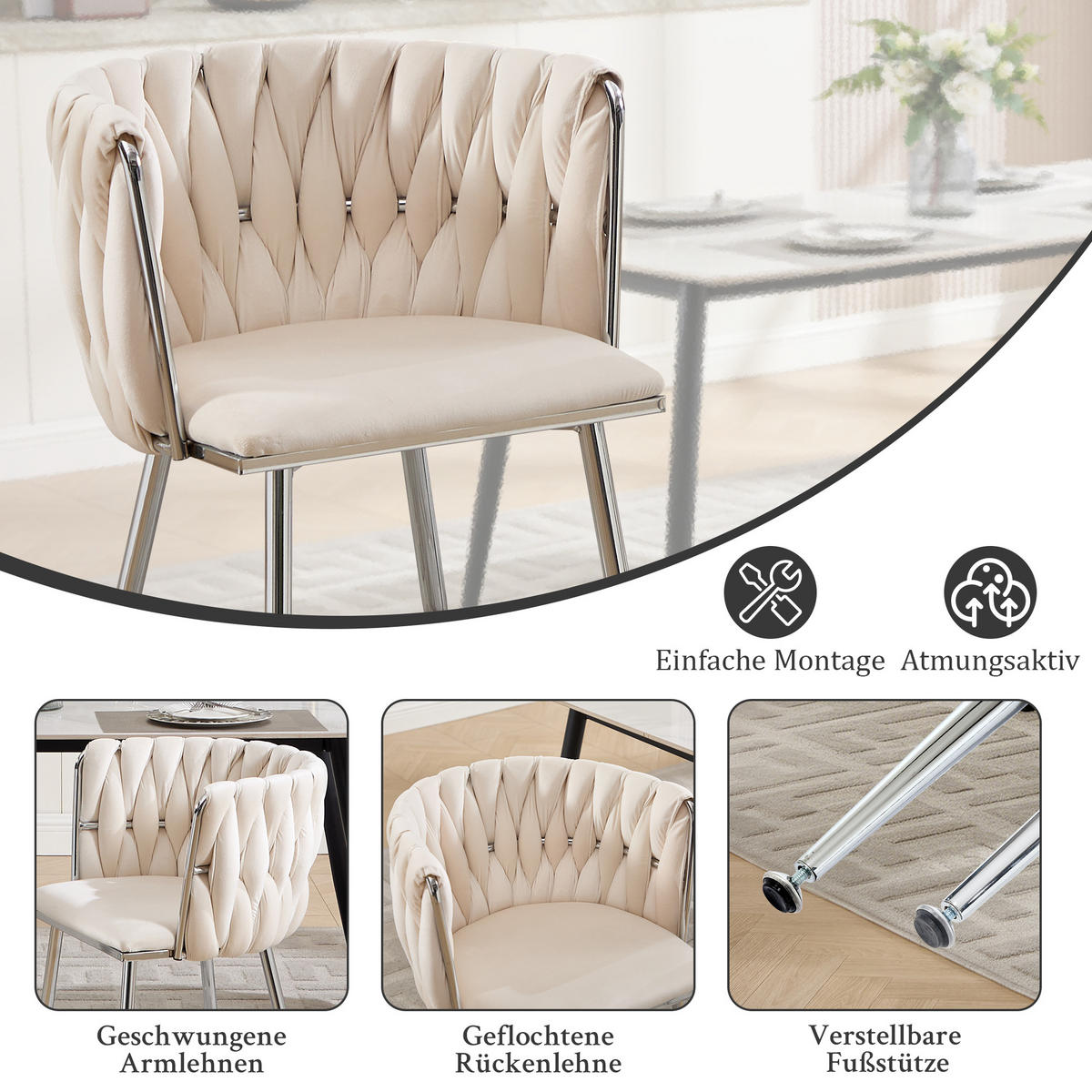 ARMLEHNSTUHL-SET DE-36443 2 Stück mit Samtbezug und Web-Design Elfenbein - Creme, Metall (48/75/55cm) - ComfortXL
