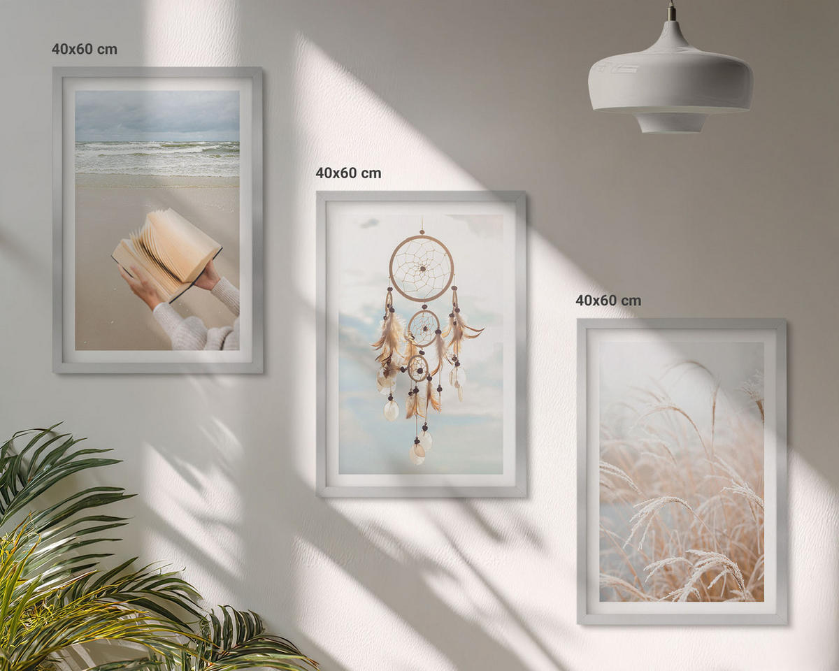 WANDBILDER 3er Set - 40x60 cm Silberner Rahmen - Friedliche sommerliche Boho-Landschaften - Silberfarben, Kunststoff (40/60cm) - ArtPrintCave