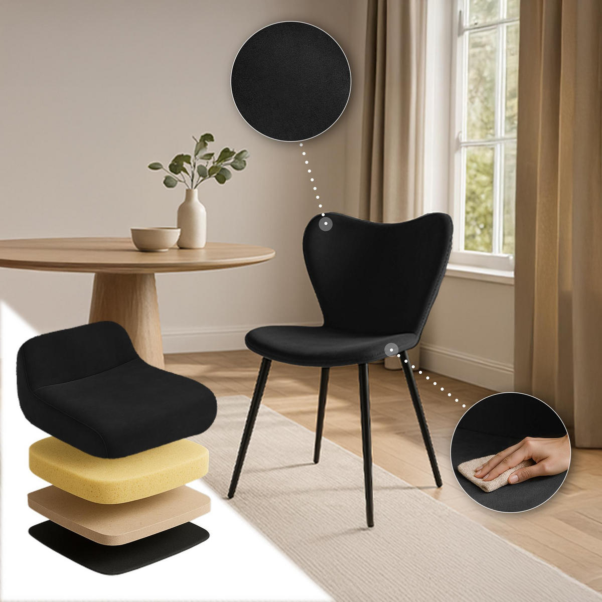 ESSZIMMERSTUHL Samt Schwarz - Schwarz, Textil/Metall (50/80/58cm) - CLP