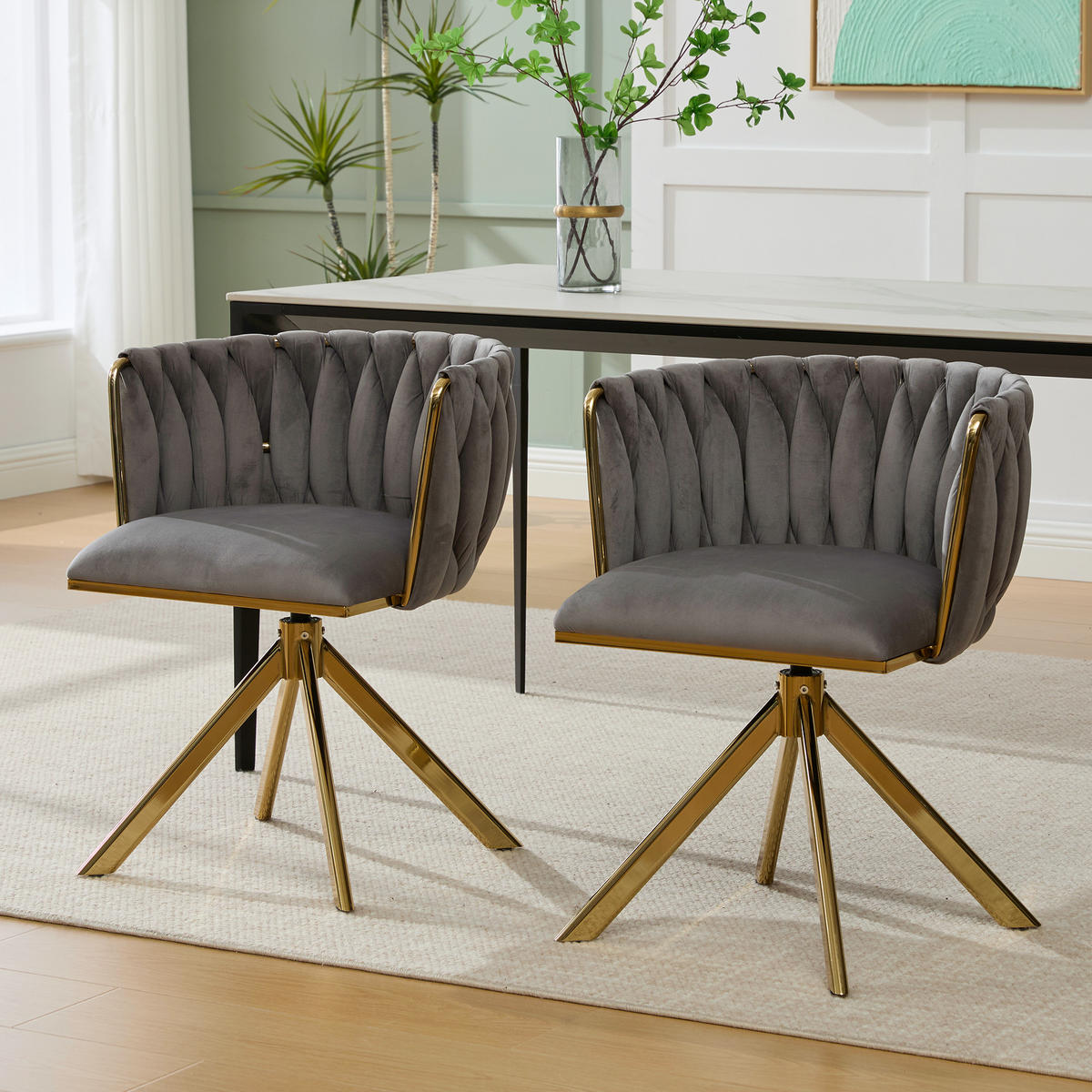 ARMLEHNSTUHL(SET à 2 Stück) mit Metallgestell - ergonomische Rückenlehne und 180° Schwenkfunktion - Dunkelgrau - Grau, Textil/Metall (50/70/56cm) - KOMHTOM