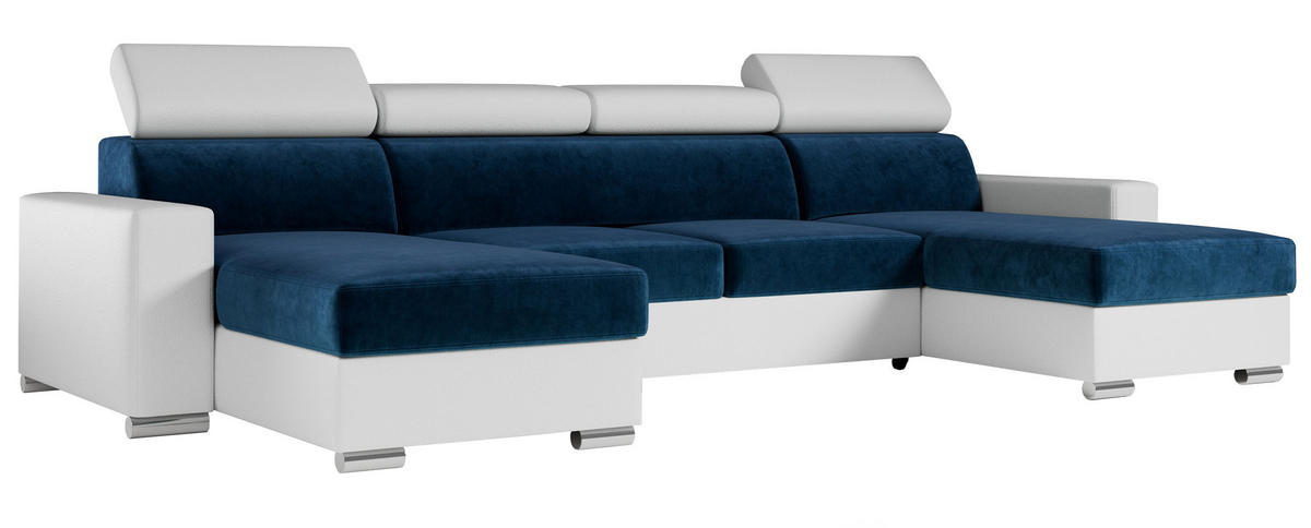 WOHNLANDSCHAFT FOX U Dunkelblau/Weiß - Velvet/Kunstleder - Silberfarben/Dunkelblau, Kunststoff/Textil (306/98/168cm) - MKS