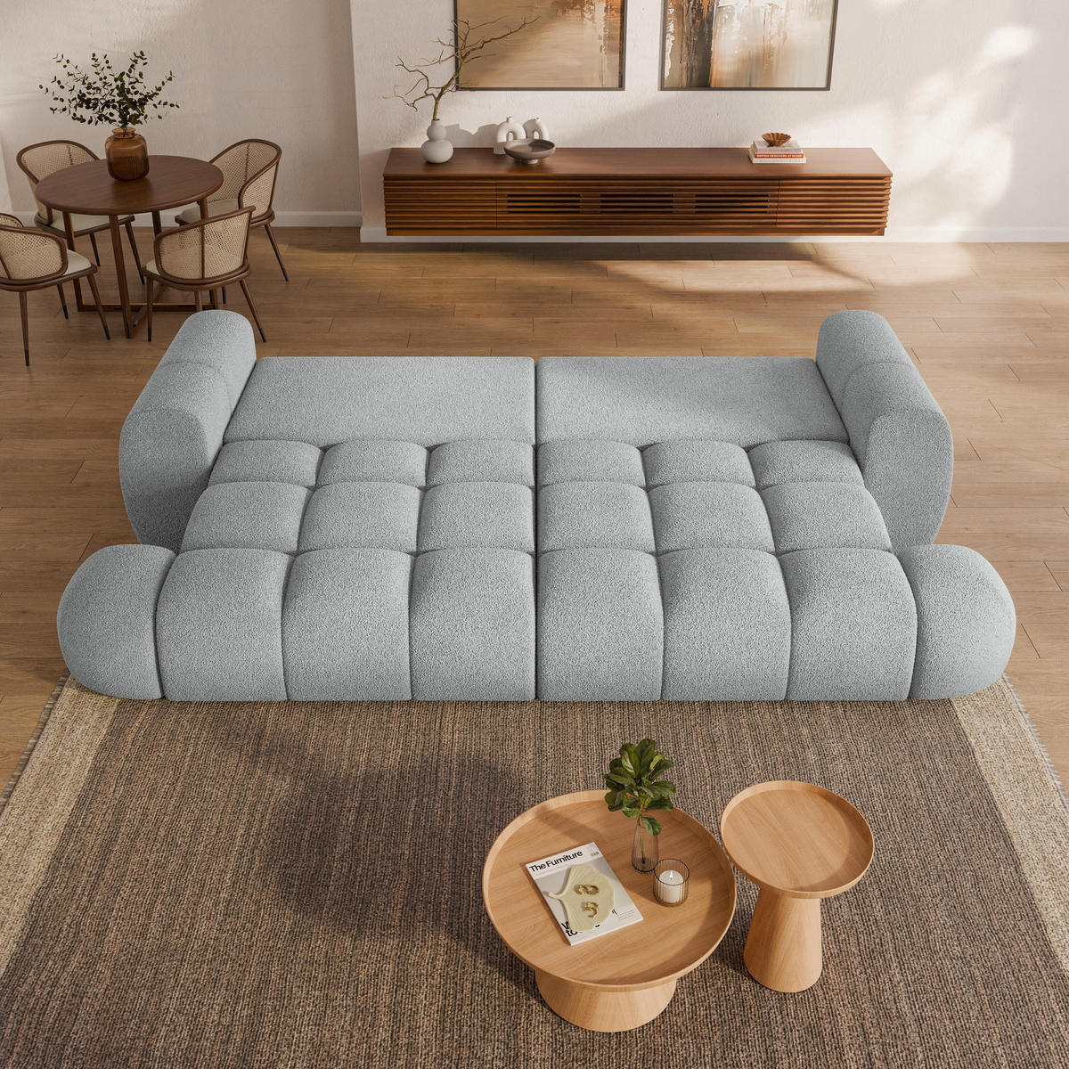 BETTSOFA DAFNE Hellgrau Bucle-Stoff mit Schlaffunktion - Hellgrau, Textil (300/88/113cm) - MASSENO