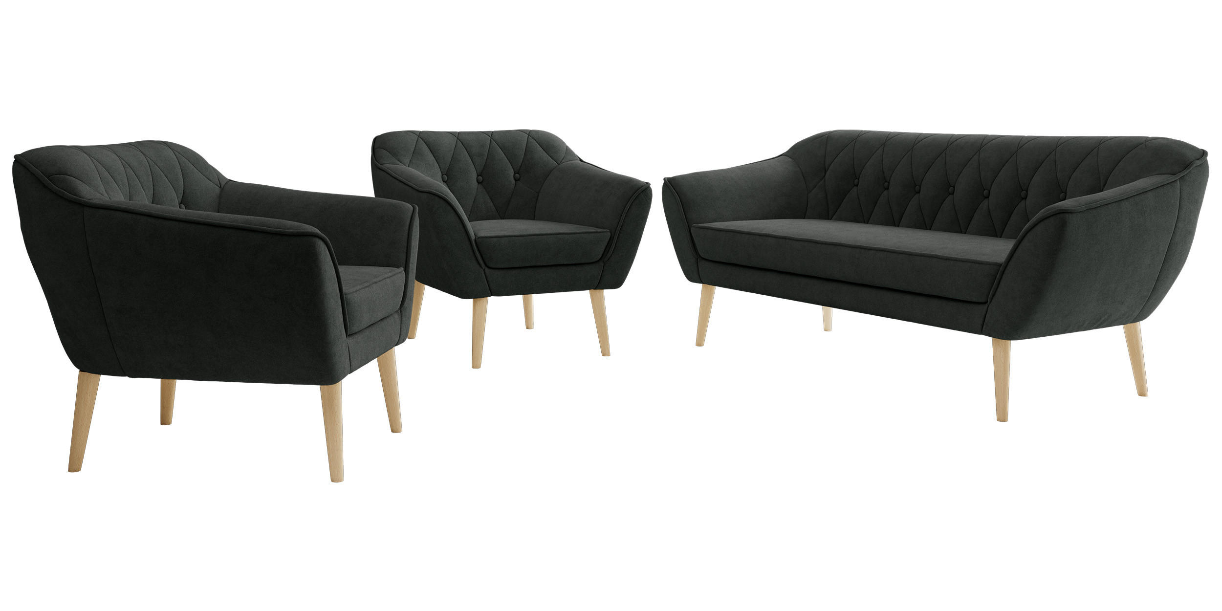 SITZGARNITUR PIRS 3+1+1 - Dunkelgrau Strukture - Holzbeine - Dunkelgrau/Buchefarben, Holzwerkstoff/Textil (180/75/74cm) - MKS