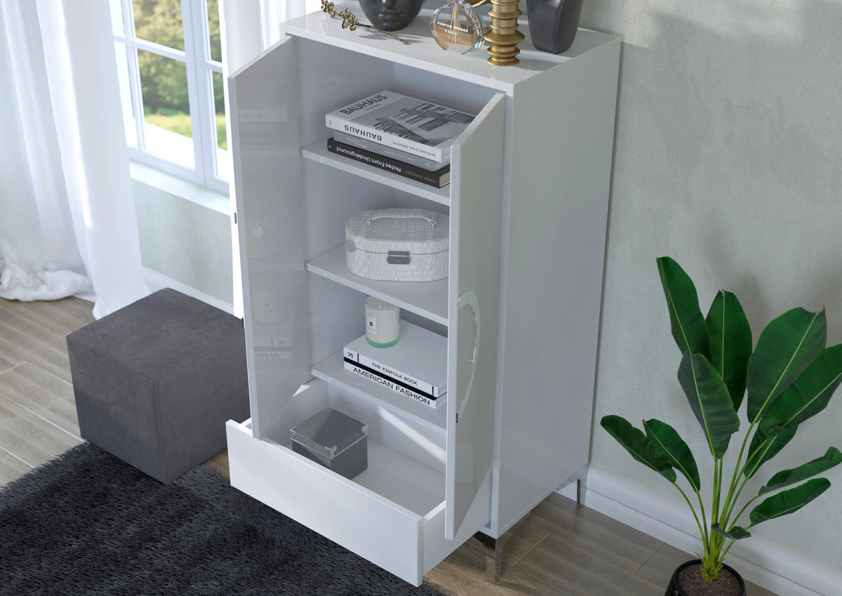 HIGHBOARD Eva, Weiß, Silberne Akzente, Hochglanz - Weiß Hochglanz/Silberfarben, Holzwerkstoff/Metall (60/120/38cm) - Kayani