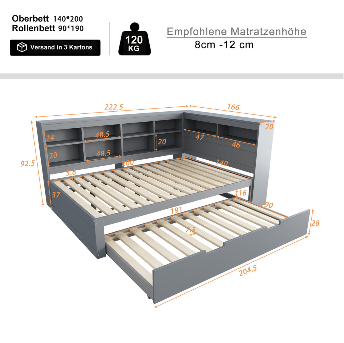 MULTIFUNKTIONSBETT 140/200 cm grau mit Ausziehbettund USB-Steckdose aus Massivholz - Grau, Holz (140/200cm) - OKWISH