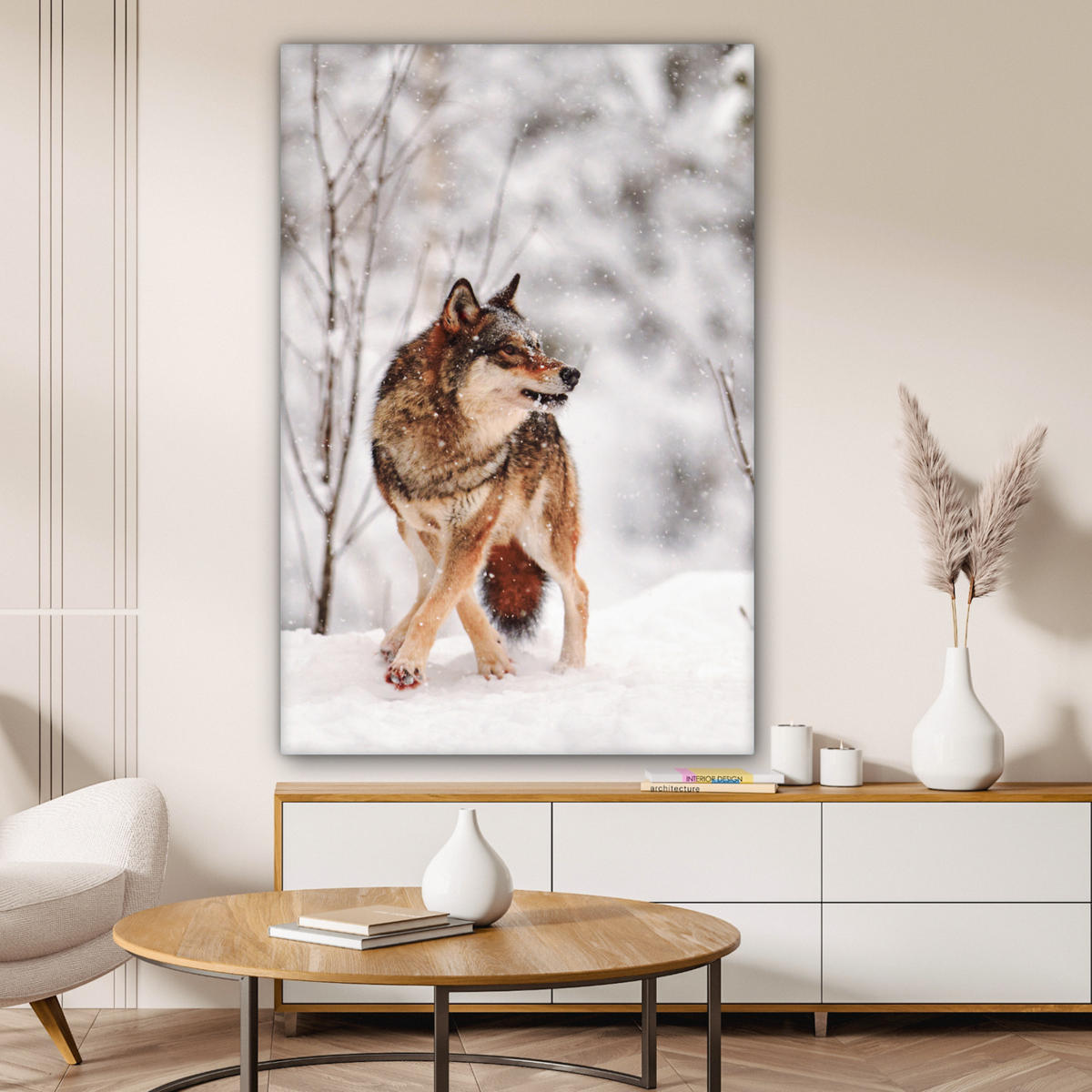 LEINWANDBILD Wolf - Winter - Schnee - Natur - Tiere 90x140 cm - Haselnussfarben, Textil (90/140cm) - MuchoWow