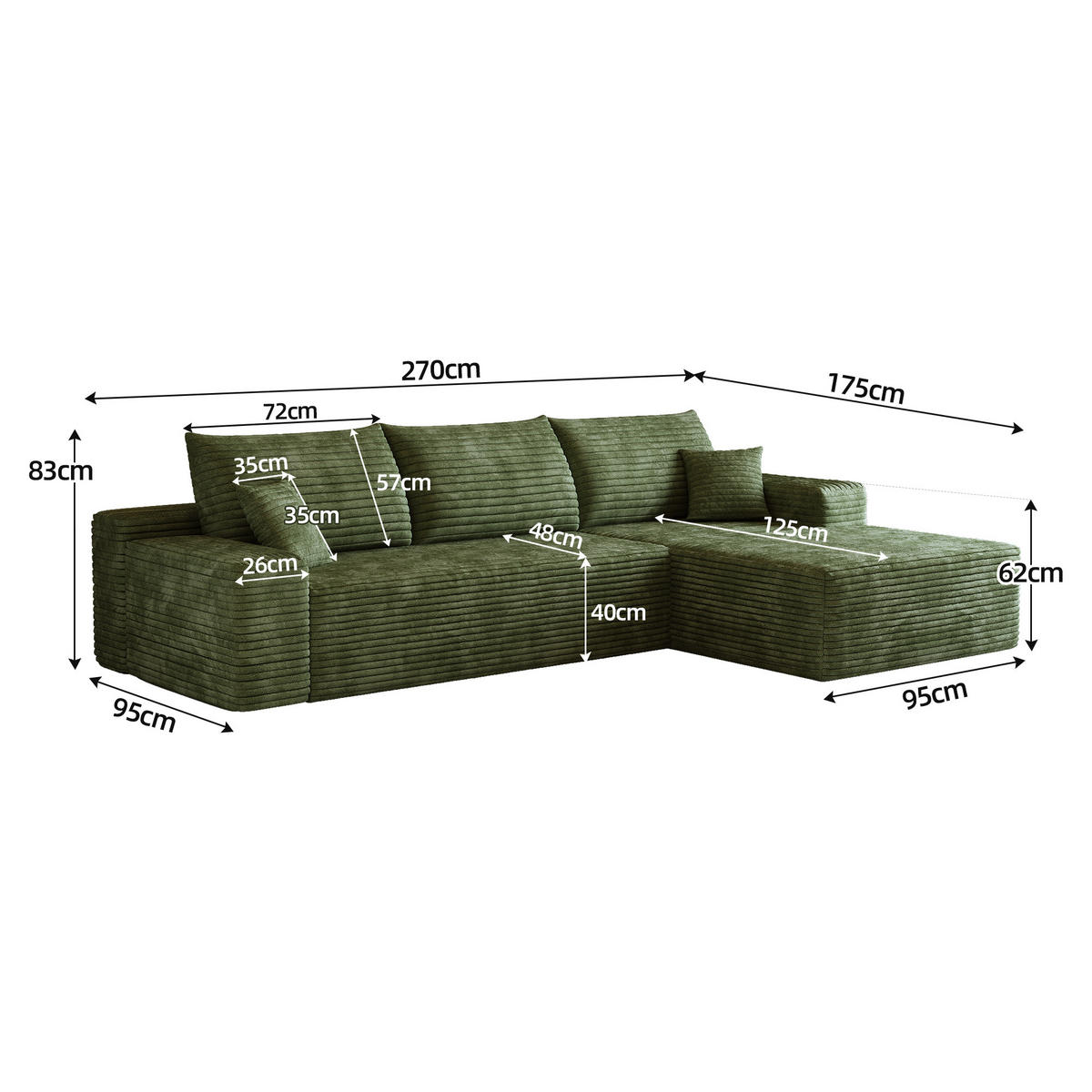 ECKSOFA DE-34857 2-Sitzer Chaiselongue rechts Grün - Grün, Textil (175/270cm) - ComfortXL