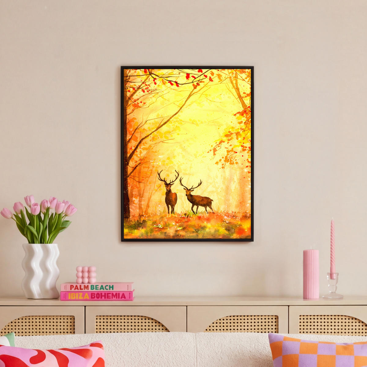 LEINWAND Bilder mit Rahmen - Natur - Ölfarbe - Hirsche - Tiere - Herbst - Orange - 60x80 - Orange, Textil (60/80cm) - MuchoWow
