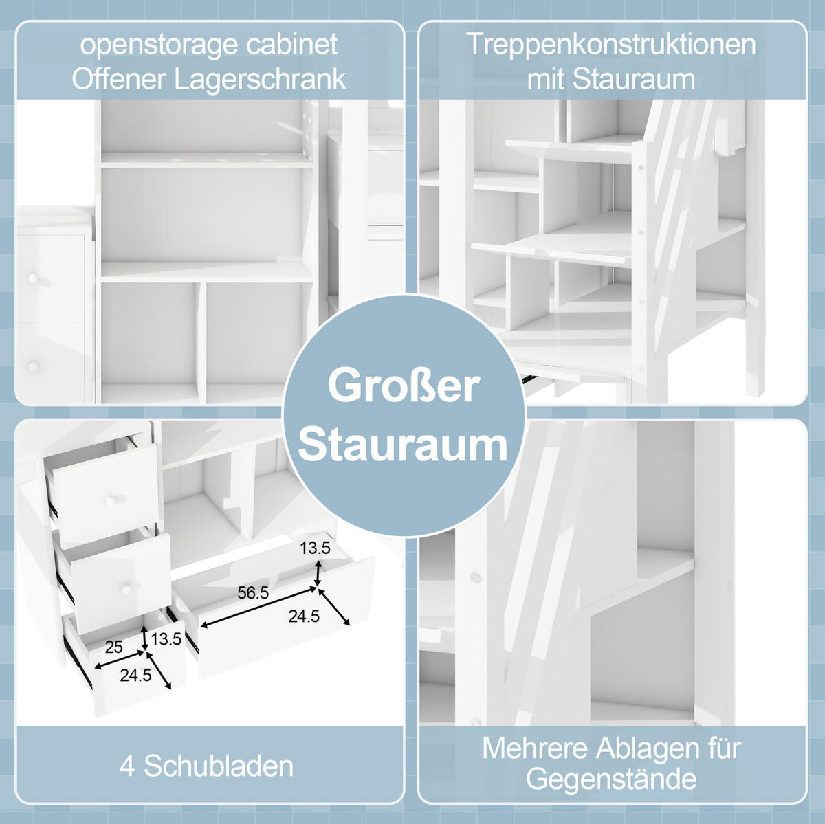 HOCHBETT 90/200 cm in Weiß mit Schreibtisch und Stauraumleiter - Weiß, Holz (90/200cm) - Flora Grace