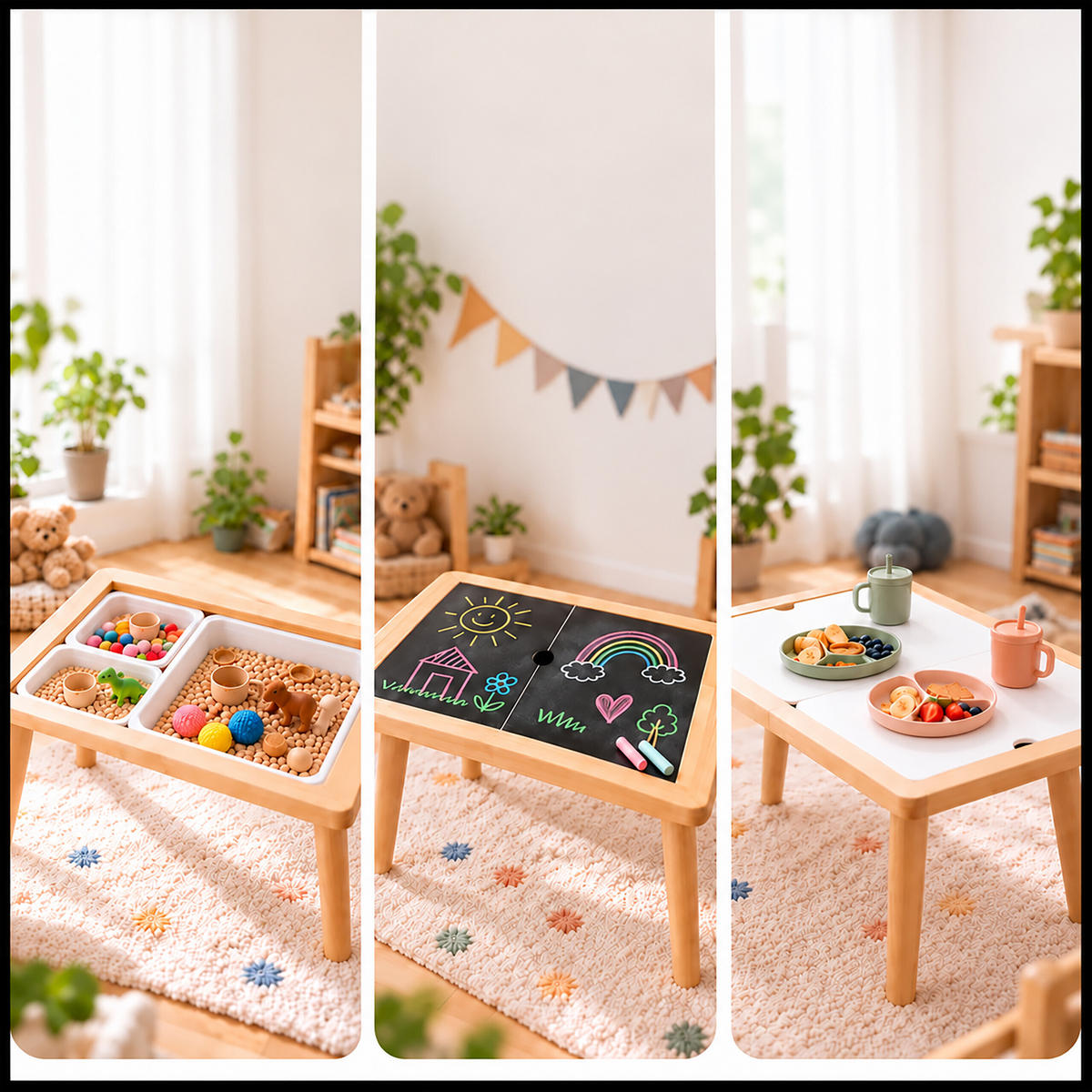 BARNBORD Natur Vit 3-i-1 med förvaring 73x53 cm - Multicolor, Trä/Plast (73/50/53cm) - Relaxdays