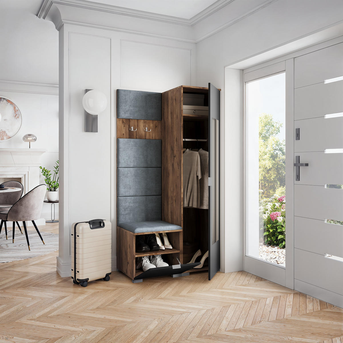 GARDEROBENSCHRANK VIRA 95/181/51 cm Modern Garderobe-Set Eiche Lefkas - Eichefarben/Schwarz, Holzwerkstoff (95/181/51cm) - MASSENO