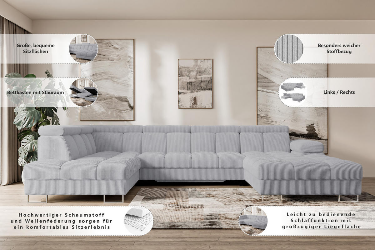 WOHNLANDSCHAFT mit Schlaffunktion und Bettkasten Ottomane Links COMA U 345x203x79 Grün Velours - Grün, Holzwerkstoff/Textil (345/79/203cm) - ALTDECOR