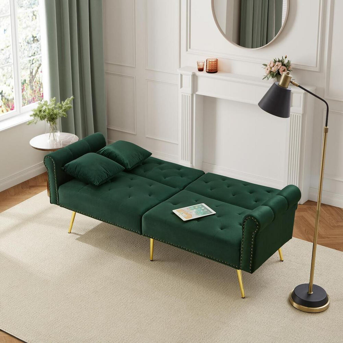 SOFA 2-Sitzer Schlaffunktion Samtbezug Verstellbare Lehne Metallfüße Kleinraum - Grün, Holz (89.54/19.81/76.84cm) - FLIEKS