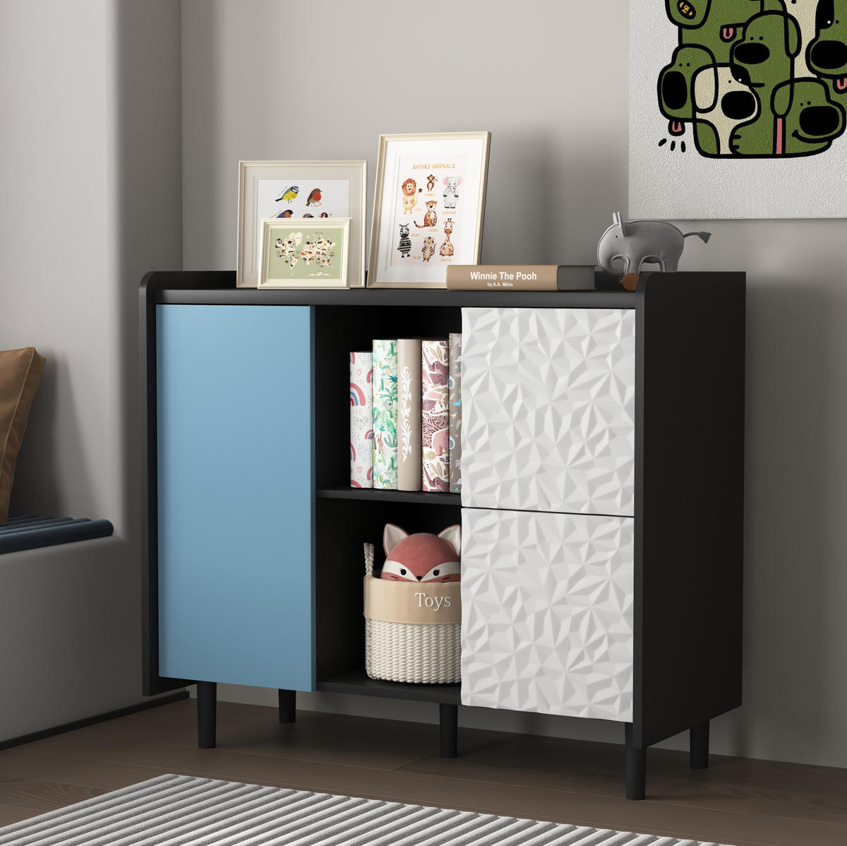 SIDEBOARD 90/40/80 cm, 2 Schubladen und offenes Fach, MDF, Schwarz/Blau - Blau, Holzwerkstoff (90/80/40cm) - Redom