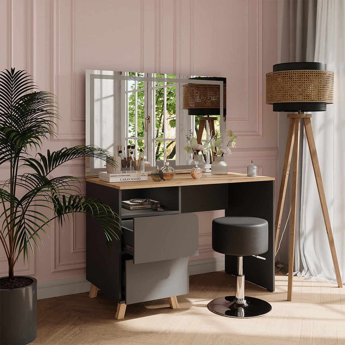 SCHMINKTISCH Karen Anthrazit/Artisan 110 cm mit Hocker und LED-Spiegel - Anthrazit/Eiche Artisan, Holzwerkstoff (110/75/55cm) - Vicco