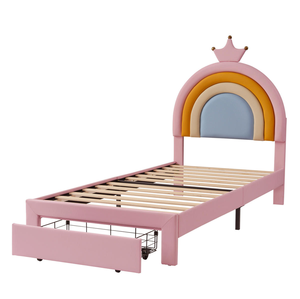 KINDER-POLSTERBETT aus PU 90x200 cm Rosa mit höhenverstellbarem Regenbogen-Kopfteil und Schublade - Pink, Kunststoff (90/200cm) - Modfu