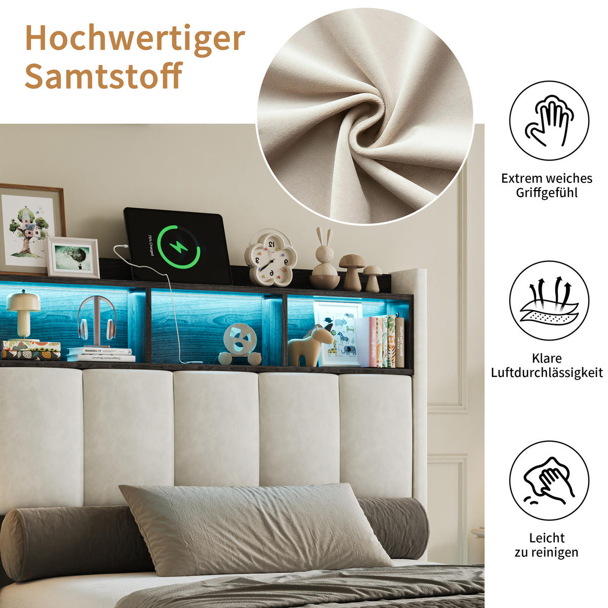 POLSTERBETT 90/200 cm Weiß mit hydraulischem Stauraum, LED-Kopfteil mit Ablage und USB-Anschluss - Weiß, Metall (90/200cm) - EuroLiving