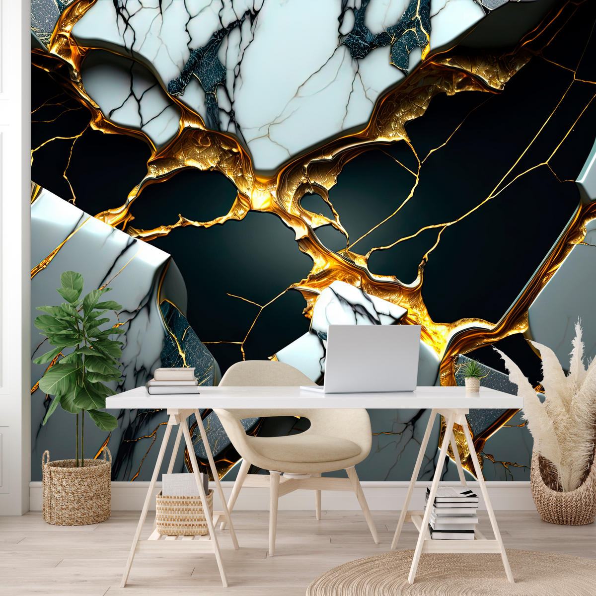 FOTOTAPETE für Wohnzimme Schwarze Weißer Marmor Goldelementen 200x140 - Goldfarben/Schwarz, Papier (200/140cm) - Muralo