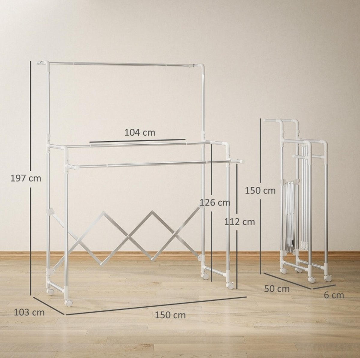 GARDEROBENSTÄNDER faltbar aus Edelstahl mit 3 ausziehbaren Stangen und Rollen - Silberfarben, Metall (150/197/103cm) - BEAOK
