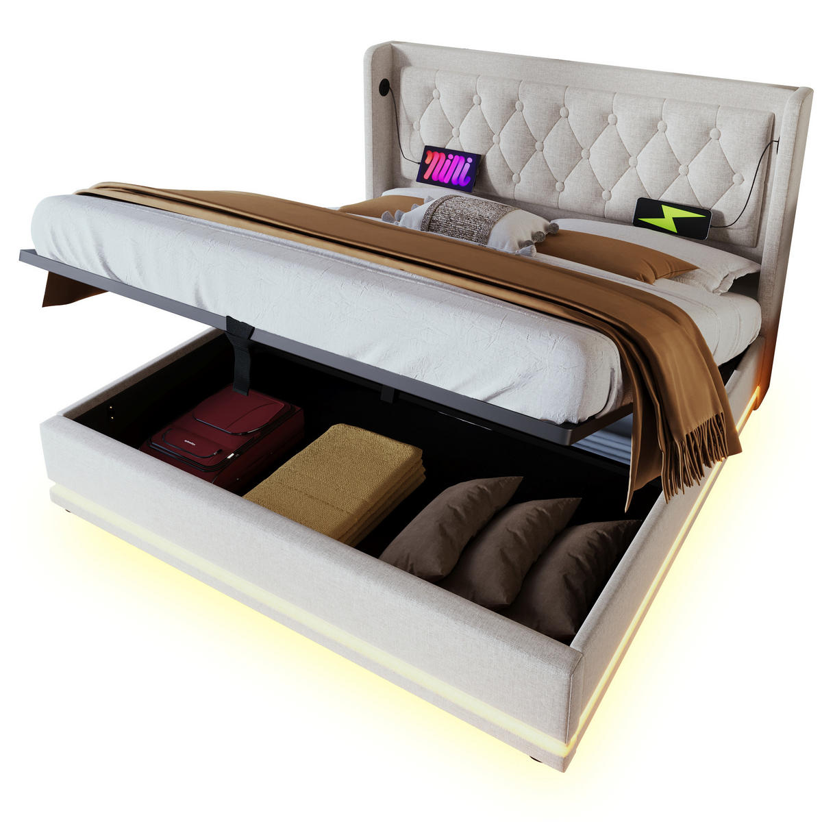 POLSTERBETT 160/200 cm Beige Baumwolle mit USB- und Type-C-Anschlüssen und 3-seitiger LED-Beleuchtung - Beige, Textil (160/200cm) - OKWISH