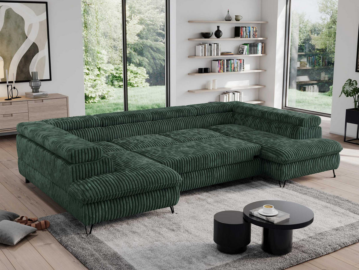 WOHNLANDSCHAFT PEDRO U Cord Grün - Schwarz/Grün, Textil/Metall (346/76/208cm) - MKS