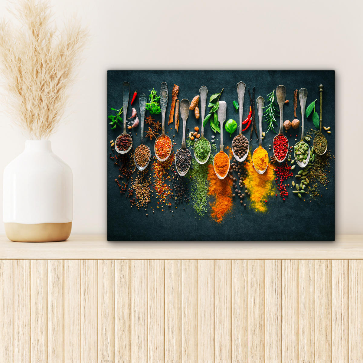 LEINWANDBILD Kräuter - Gewürze - Löffel 40x30 cm - Currygelb, Textil (40/30cm) - MuchoWow