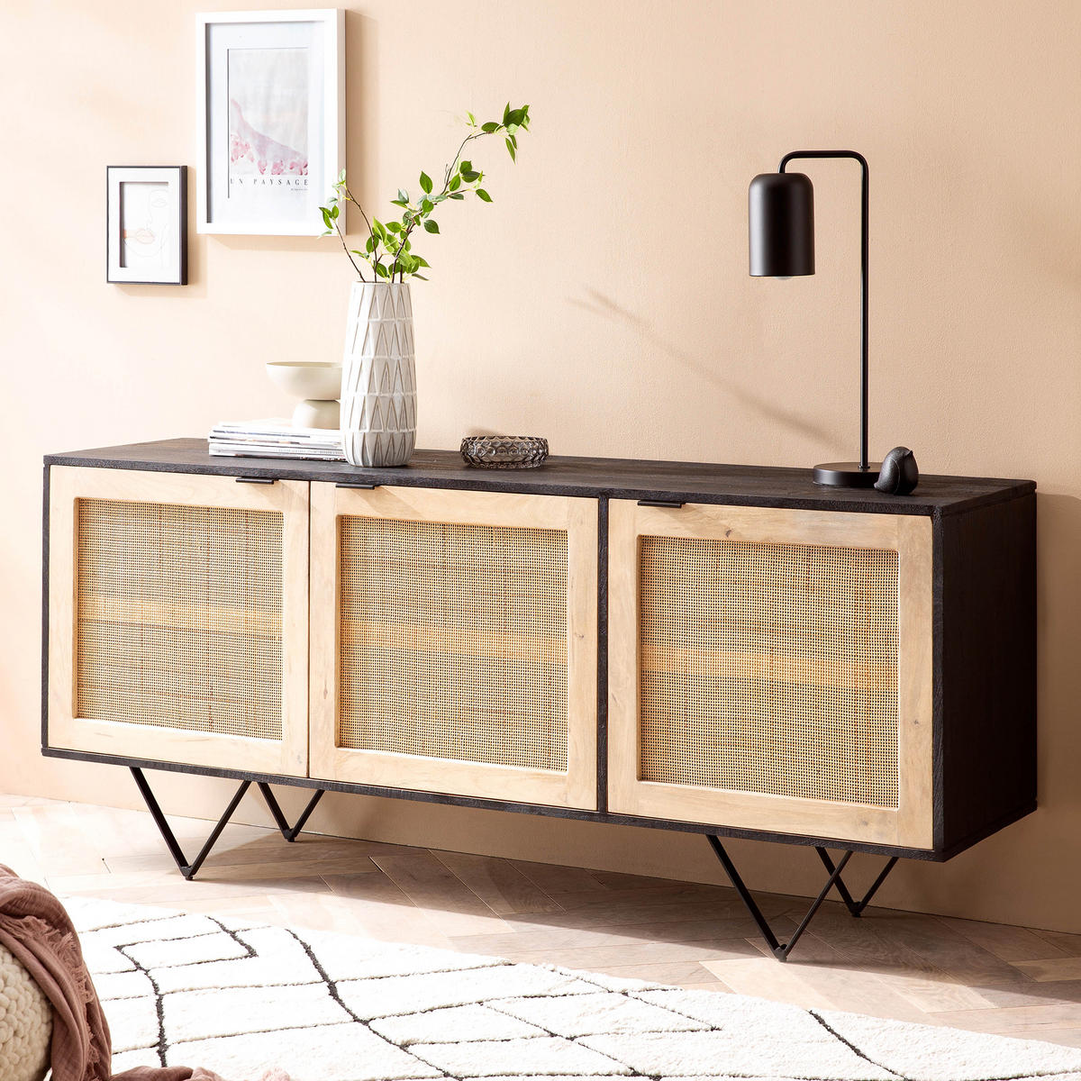 SIDEBOARD – Mango Massivholz/Rattan, 175x75x45 cm, 3 Türen, schwarz/braun - Schwarz, Holz/Metall (175/75/45cm) - KADIMA DESIGN