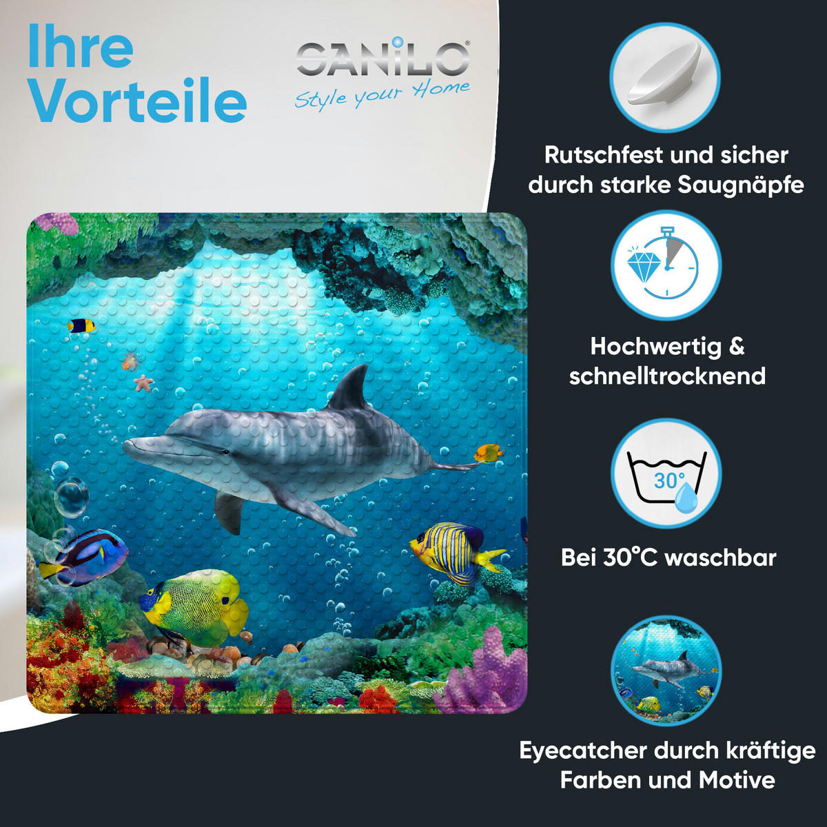 BADEMATTE Delphin Korallen - Blau, Kunststoff (53/53cm) - Sanilo